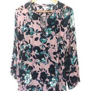J. Jill NWOT Floral Top XL Pale Lilac Green Navy Round Neck Ruffle Bell Sleeves